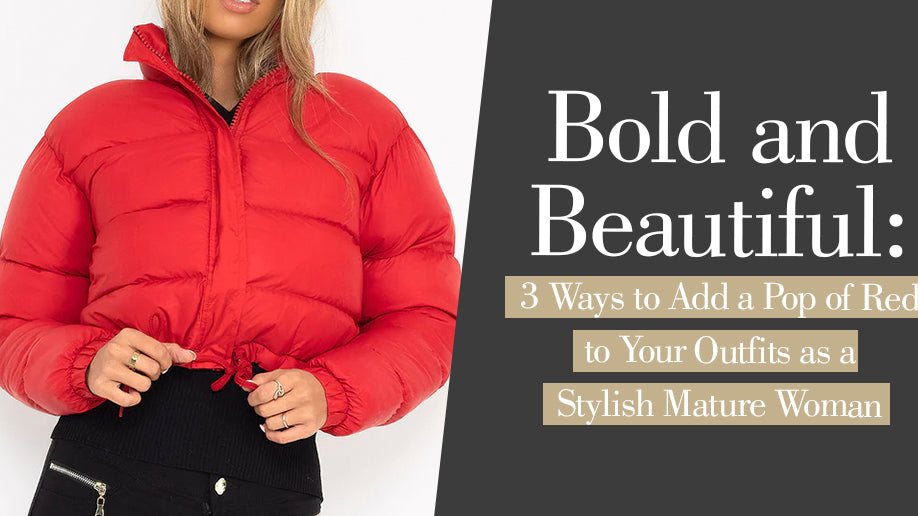 Mature woman styling with red puffer jacket for a bold wardrobe pop.