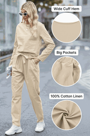 Modern elegant woman wearing beige 100% cotton linen monochrome 2-piece set with wide cuff hem and big pockets.