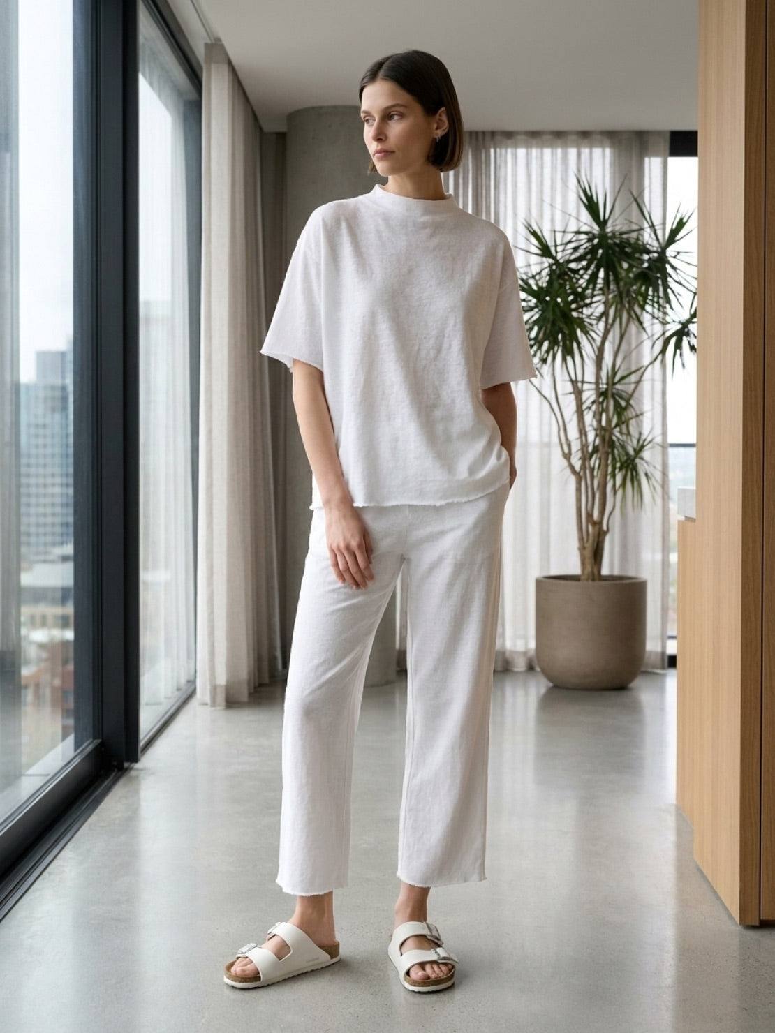 Cotton-blend capelet lounge set with mock neck top and wide-leg pants in relaxed fit