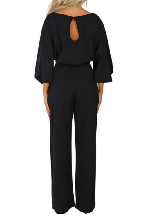 Black casual long sleeve belted jumpsuit with back keyhole and batwing sleeves
