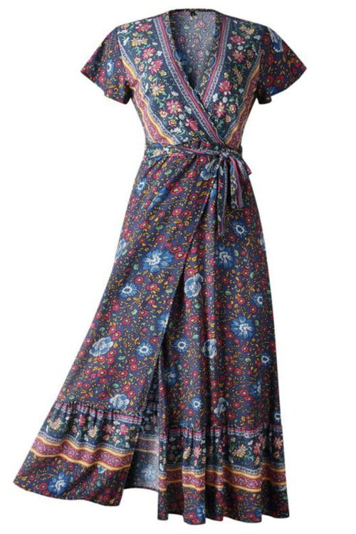 Bohemian floral print cotton wrap dress with V-neck and high slit