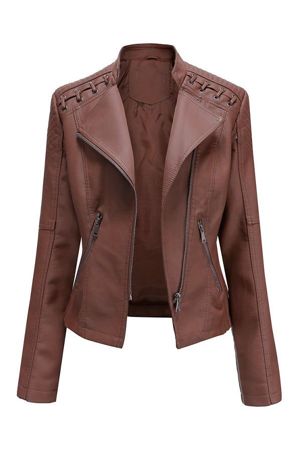Slim fit leather motorcycle jacket in brown with zipper closure and detailed shoulder design