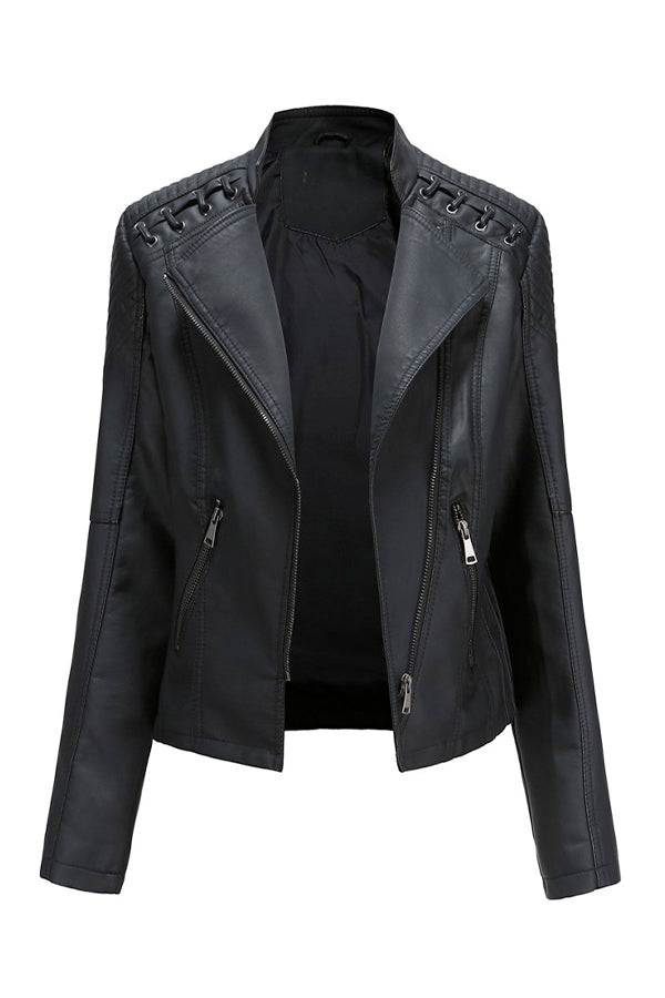 Black slim fit leather motorcycle jacket with side zipper and textured details