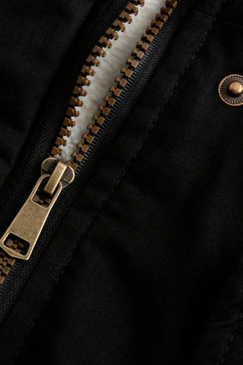 Close-up of metal zipper on extra comfortable cotton parka coat in black