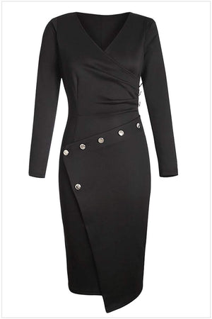 Black stylish button pencil dress with v-neck and asymmetrical waist design
