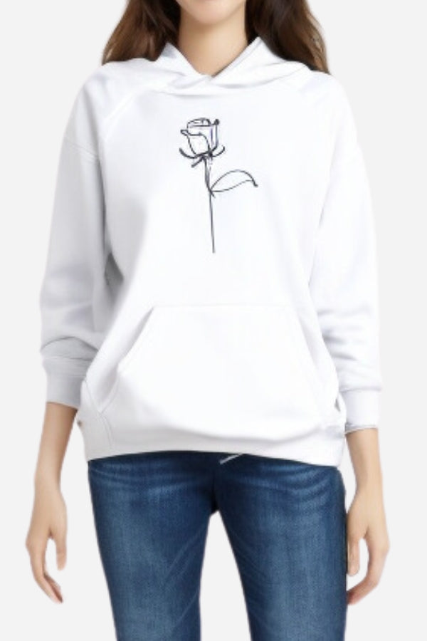 White oversized hoodie with black graffiti rose print, loose fit, and long sleeves for casual comfort and style.