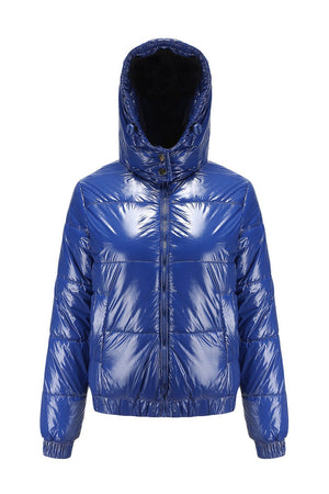 Blue reflective anti-splash slim fit puffer jacket with undetachable hood and water-resistant fabric