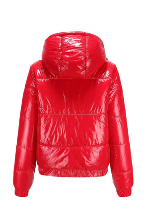Red reflective anti-splash slim fit puffer jacket with hood and warm hand pockets
