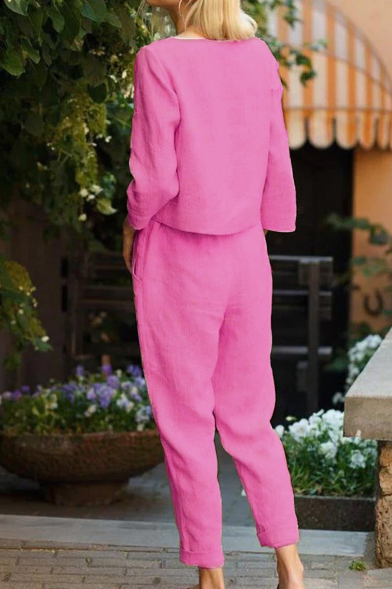 retro monochrome linen two-piece set in pink breathable cotton linen fabric for casual stylish wear