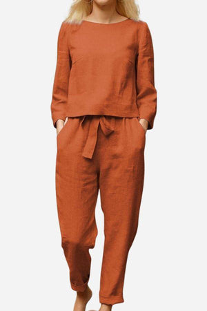 rust orange 100 cotton linen two-piece outfit with long sleeves and tie-waist pants