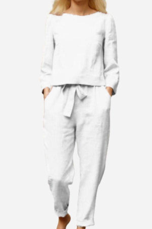 White 100% cotton linen monochrome two-piece women's set with long sleeves and tie-waist pants