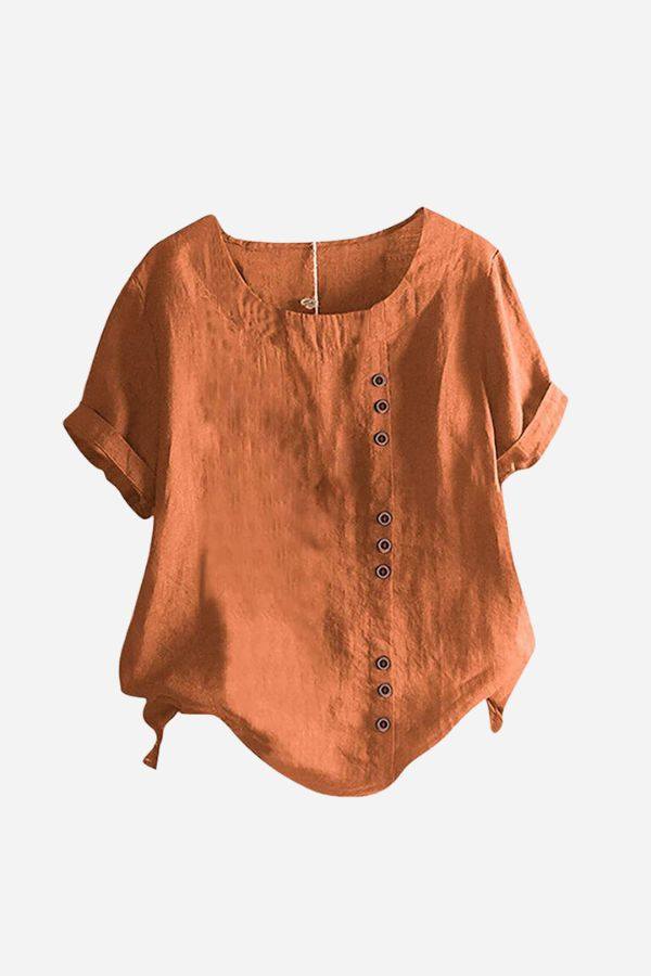 Relaxed Fit Linen Button-Up Tee in burnt orange with short sleeves and stylish button accent
