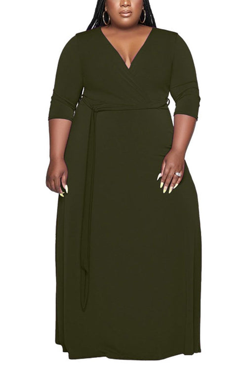 Plus size belted dress with deep V-neck and 3/4 sleeves in olive green