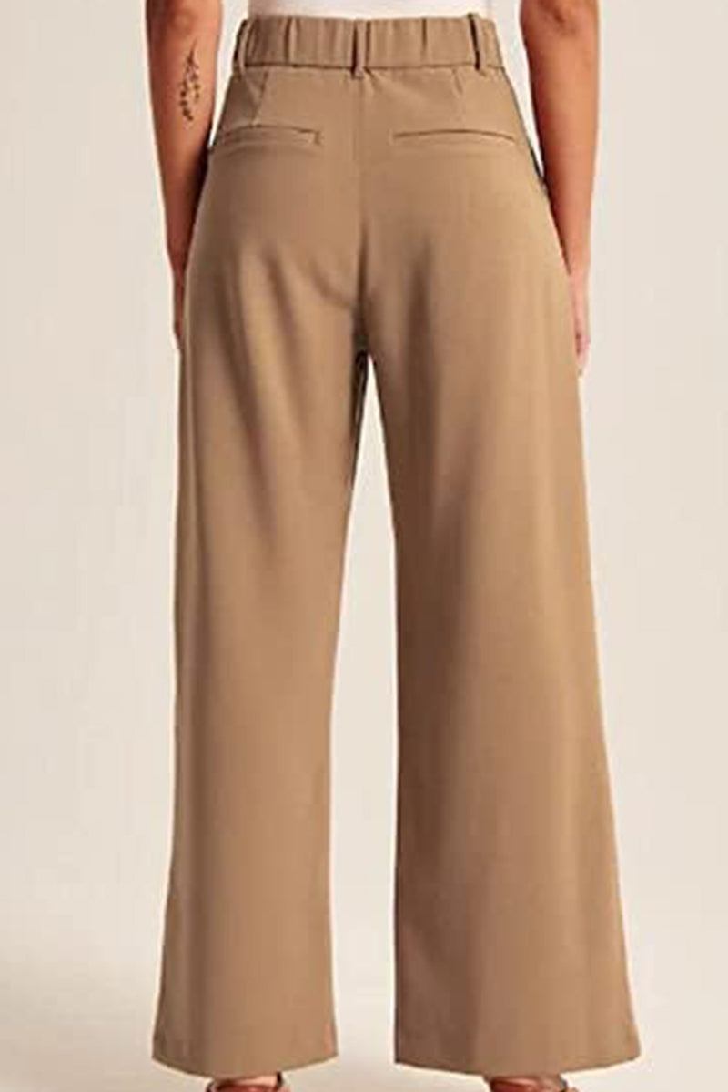 Back view of Classically Vogue Business Trousers in beige with high-waist elastic and tailored slim fit design