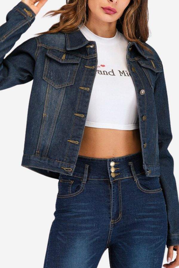 Woman wearing Urban Grace Stretch Denim Jacket with front pockets and button closure over white cropped t-shirt