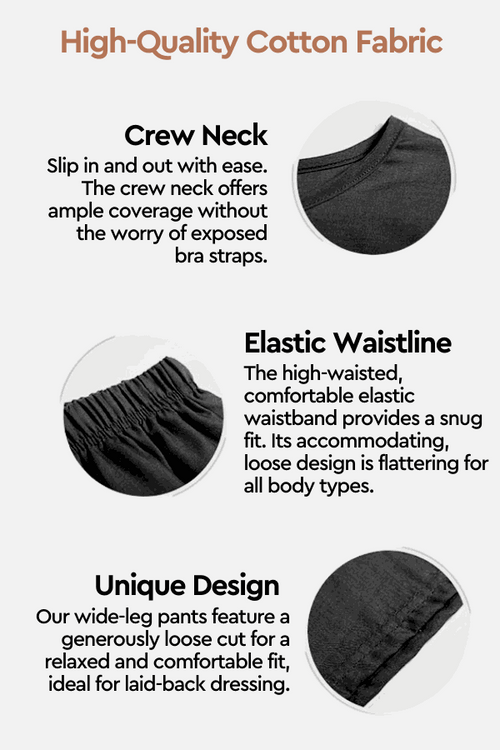 Comfy linen-like shirt with crew neck and elastic waistband shorts two-piece set in cotton fabric with loose fit and wide-leg pants design.