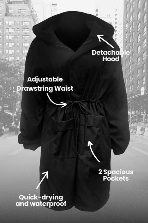 Black water-resistant windbreaker jacket with detachable hood, adjustable drawstring waist, quick-drying fabric, and two spacious pockets