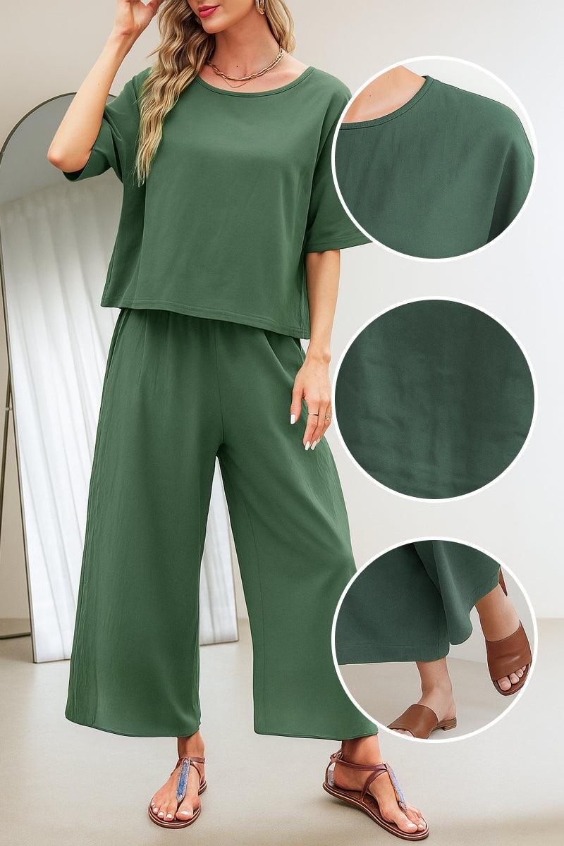 Women's green loose fit co-ord set with short sleeves and wide-leg pants, relaxed casual outfit for comfort and style