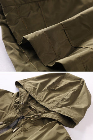 olive green travel ready outdoor raincoat windbreaker with hood and zipper close-up