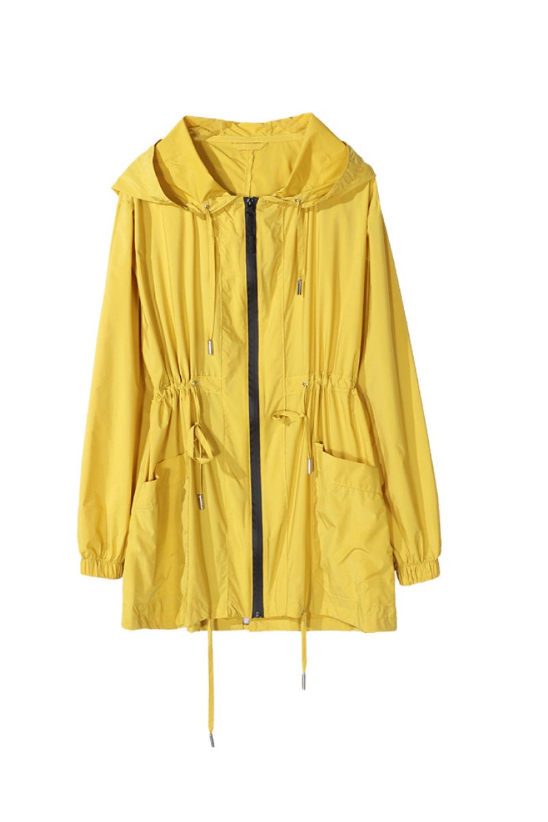 Yellow travel ready outdoor raincoat windbreaker with hood, zipper, and adjustable waist, lightweight and waterproof with pockets and bag.