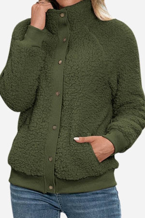 Cozy long sleeve sherpa jacket with fleece interior and button closure in olive green