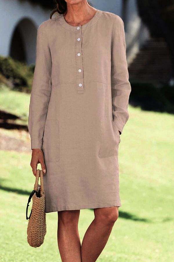 Lightweight khaki cotton dress with long sleeves and front buttons, casual and comfortable summer outfit