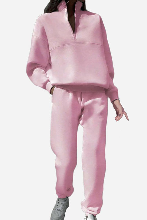 Pink cotton-blended two-piece tracksuit with high collar and zipper, comfortable athleisure wear for casual style