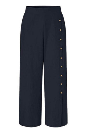 Navy blue wide leg pants with side buttons and high tailored waist, breathable cotton blend for comfort and style.