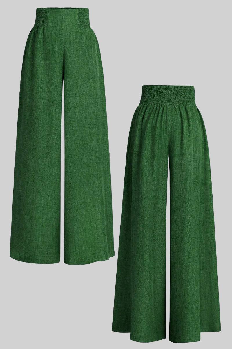 Green high waist wide leg pants with elastic waistband in lightweight fabric