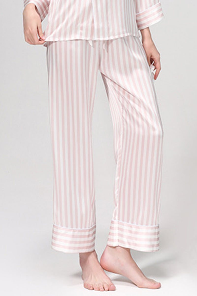 Women's 100% mulberry silk striped pajama pants with long sleeves in soft pink and white
