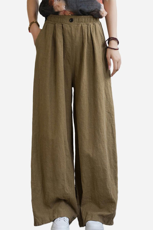 Women's olive sandwashed ramie linen wide-leg pants with elastic waistband and button closure