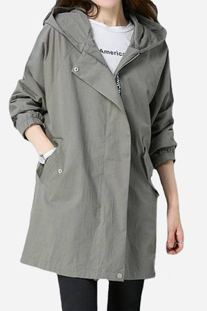 Lightweight gray fashion hooded trench coat with oversized fit and casual style