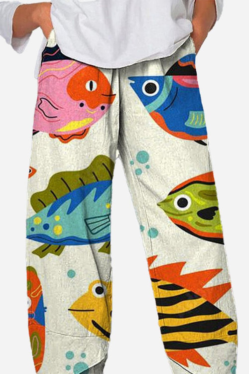 Colorful artistic sardine pattern breathable cropped pants with relaxed fit and side pockets