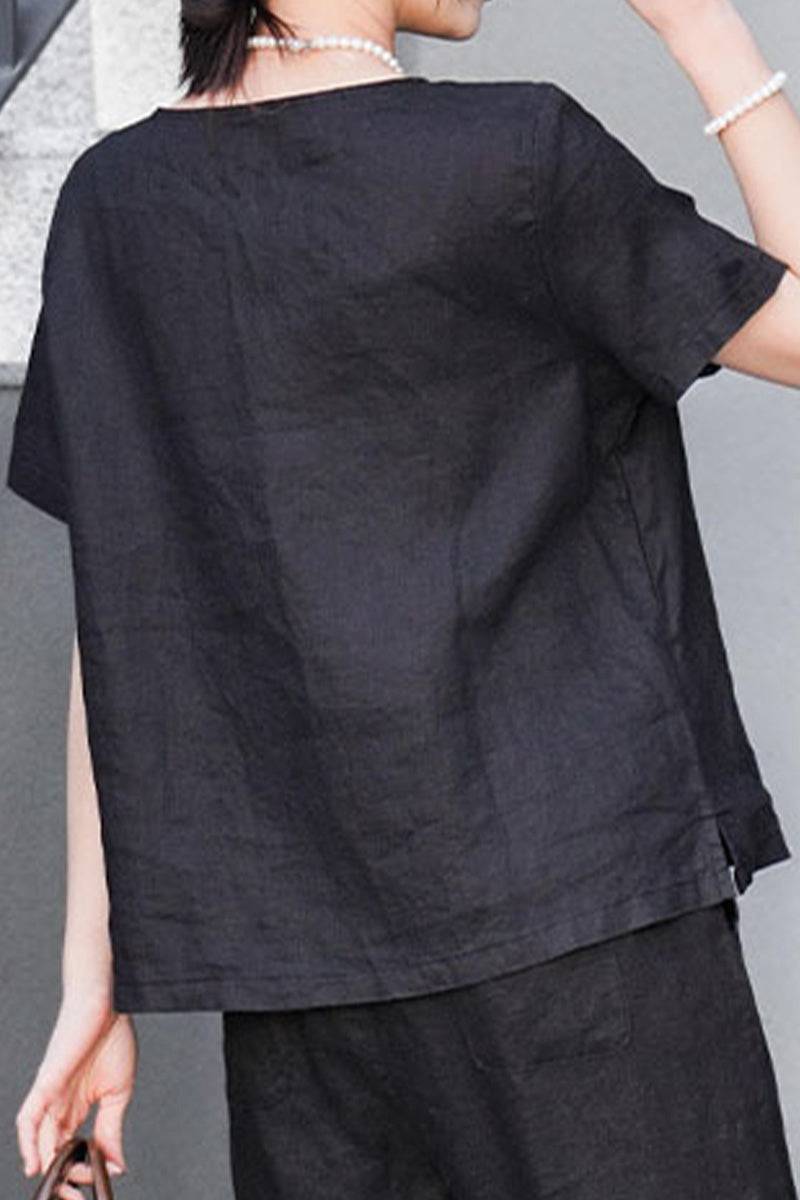 Classic breathable 100% pure linen shirt with relaxed fit and short sleeves