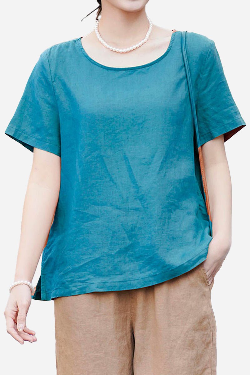 breathable 100% pure linen classic shirt in white with relaxed fit and short sleeves