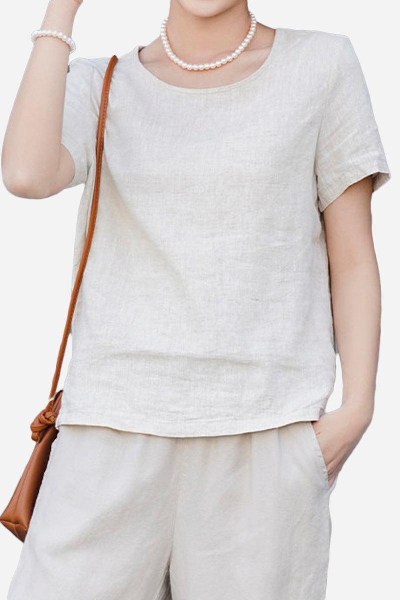100 Pure Linen breathable classic shirt in white with short sleeves and relaxed fit on neutral background
