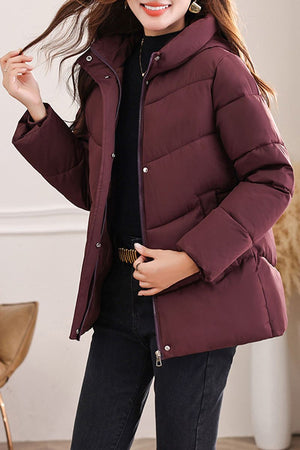 Women's Everyday Warmth Coat in maroon with mid-length, hooded design and 5-layer thermal insulation for lightweight, breathable winter warmth
