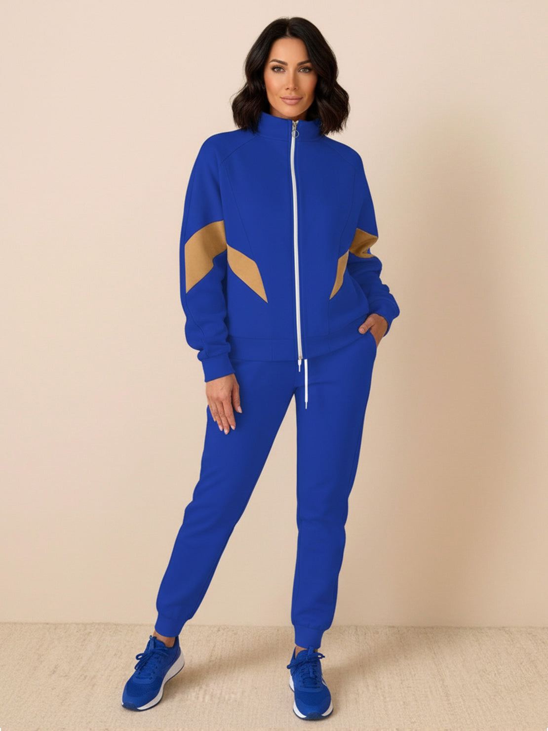 Colorblock Comfort Tracksuit with contrast curved panels and relaxed fit for travel and casual wear