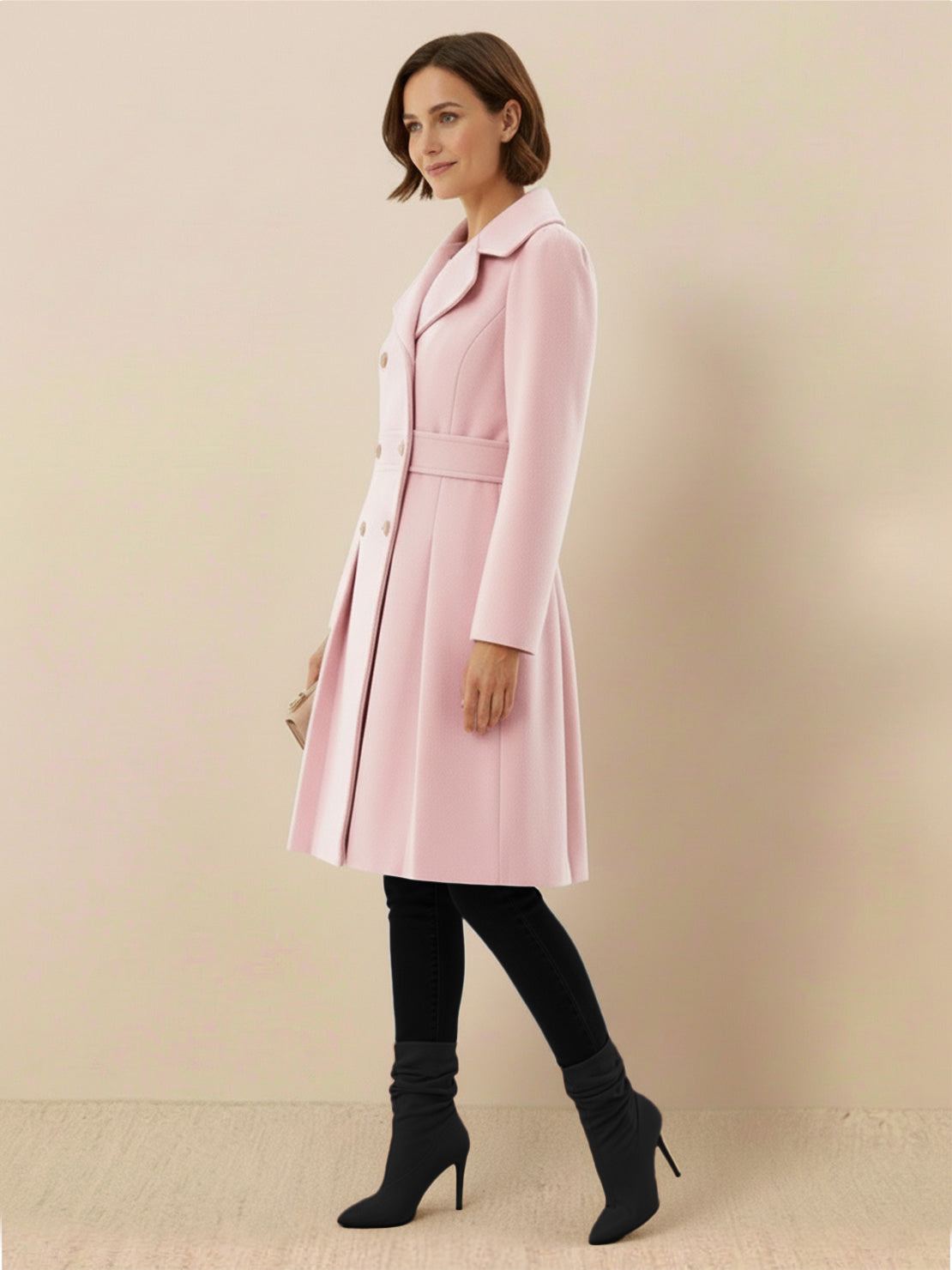 Tailored fit and flare trench coat with A-line silhouette and double-breasted buttons