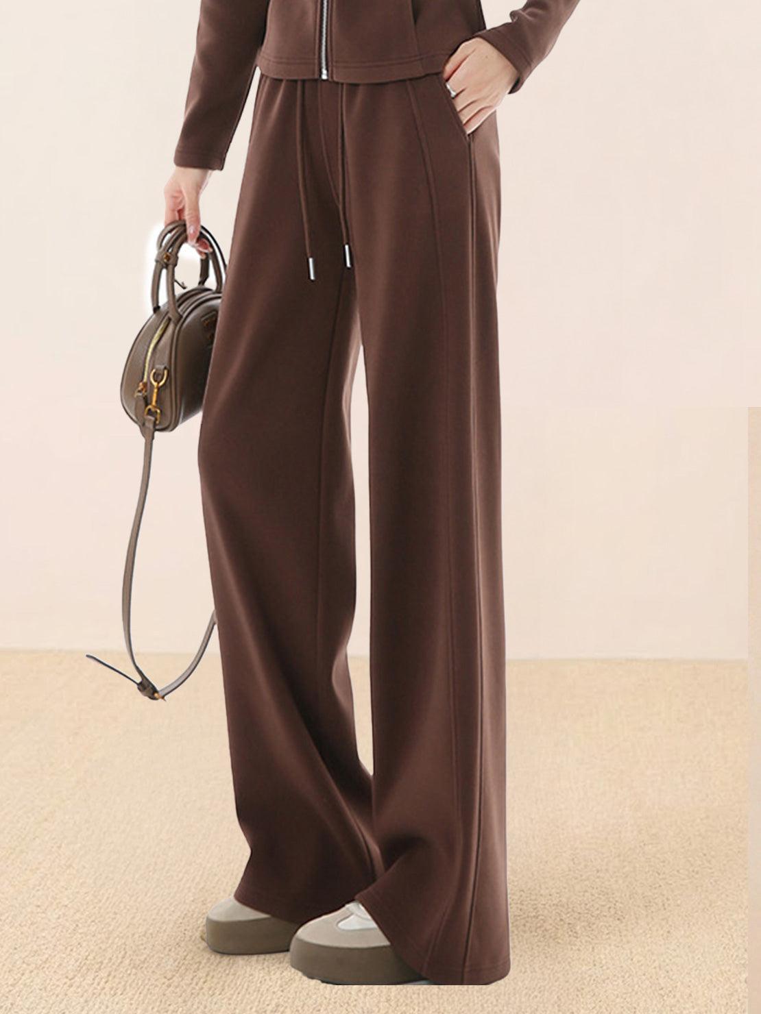 women's nano-fleece zip two-piece set with hip-length jacket and wide-leg pants in soft wrinkle-resistant fabric