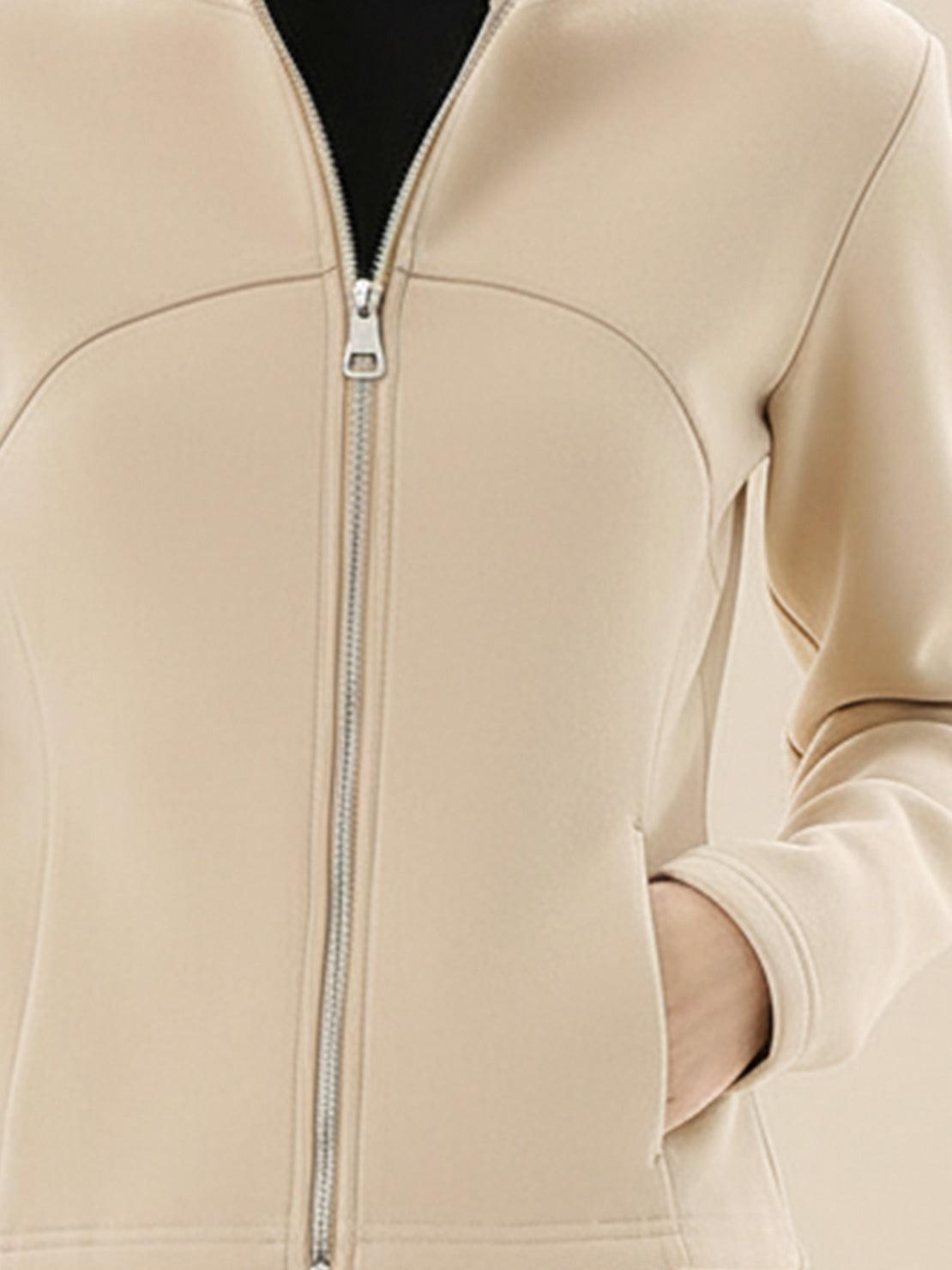 Women wearing gray Nano-Fleece Zip Two-Piece Set with zip jacket and wide-leg pants