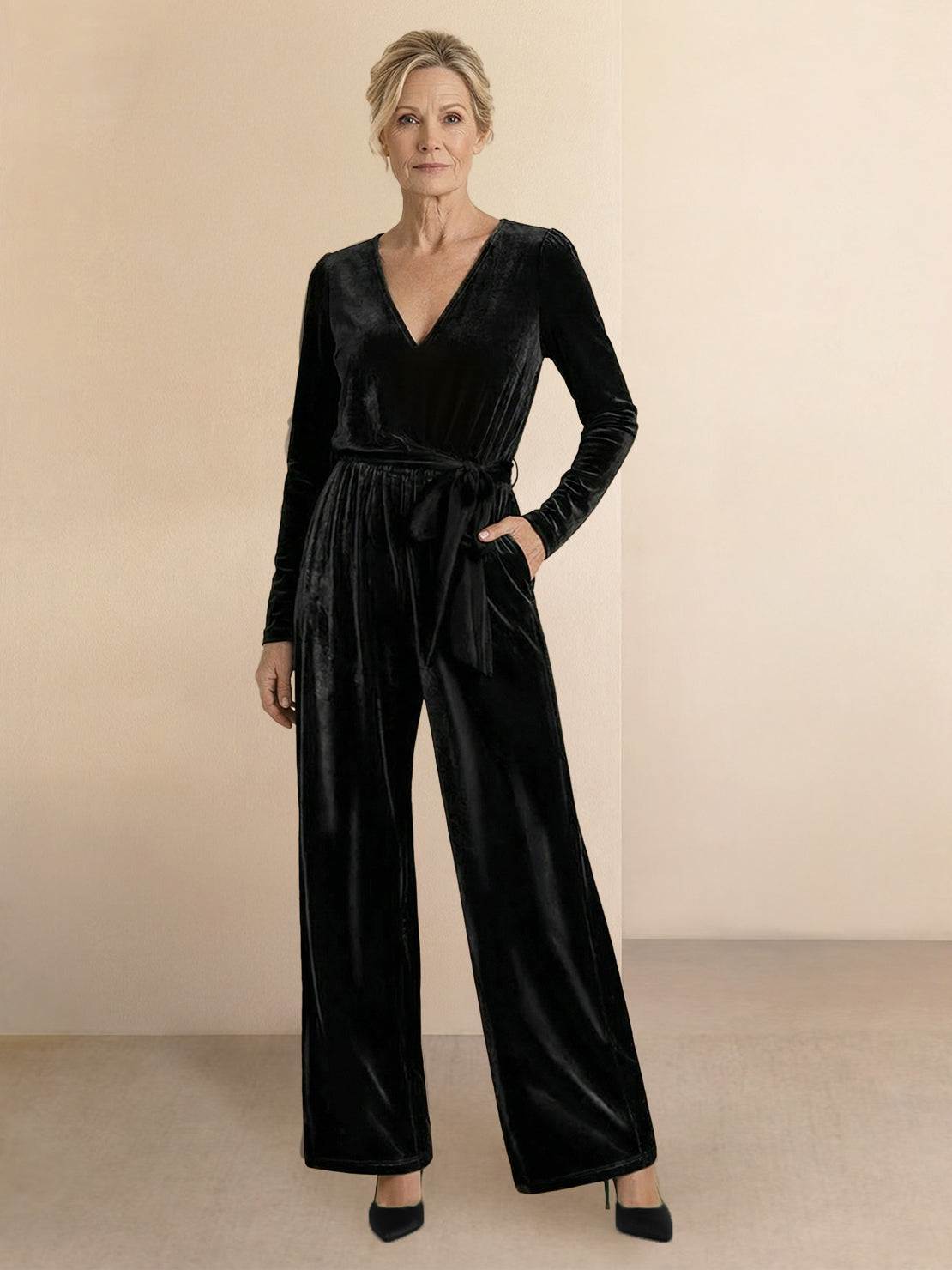 Women's deep V-neck velvet suit with long sleeves, removable waist tie, and wide-leg pants