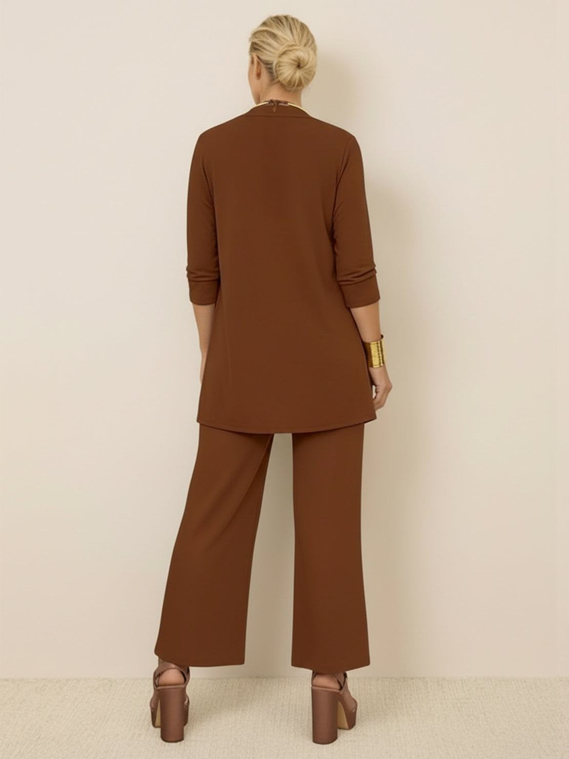 Open-front three-piece co-ord with longline cardigan, tank top, and wide-leg trousers in lightweight knit fabric