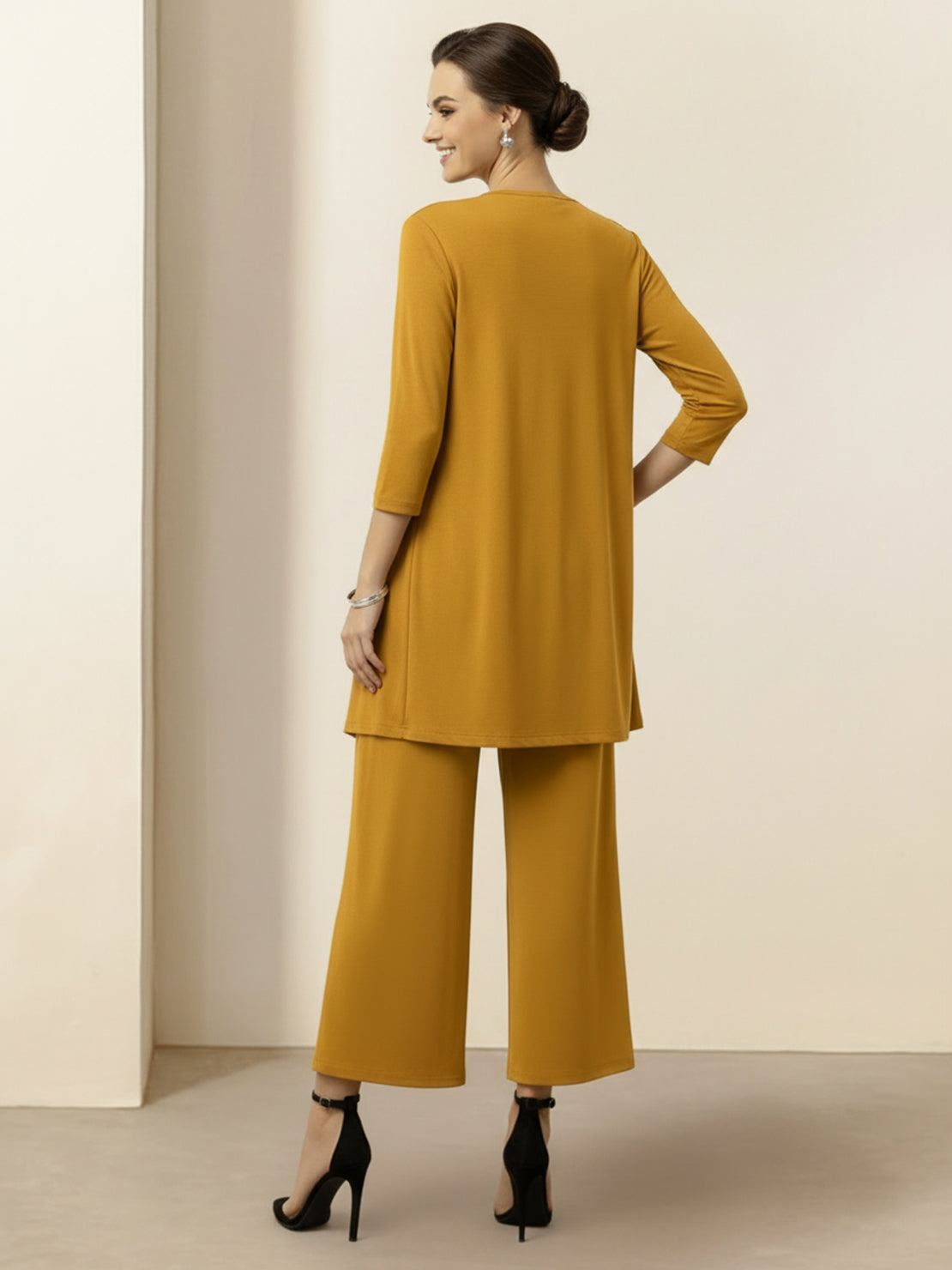 Open-Front Three-Piece Co-Ord set with longline cardigan, round-neck tank, and wide-leg trousers in lightweight knit fabric