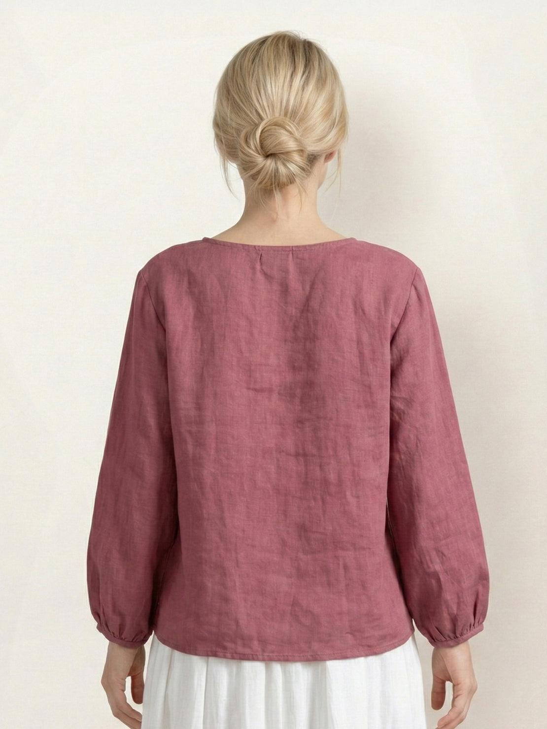 Cotton-linen embroidered blouse with relaxed boxy fit and 3/4 balloon sleeves