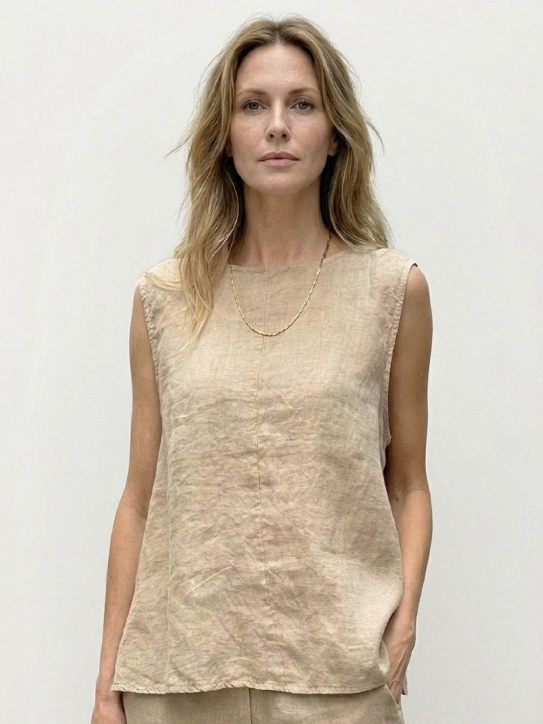 100% cotton crinkle sleeveless co-ord set with relaxed tank top and straight-leg pants