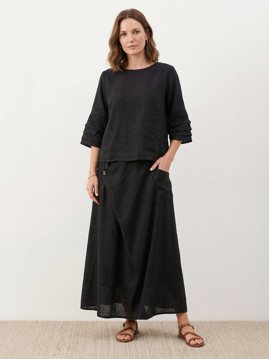Two-piece 100% cotton wrap skirt and top set with crinkle texture and elastic waistband