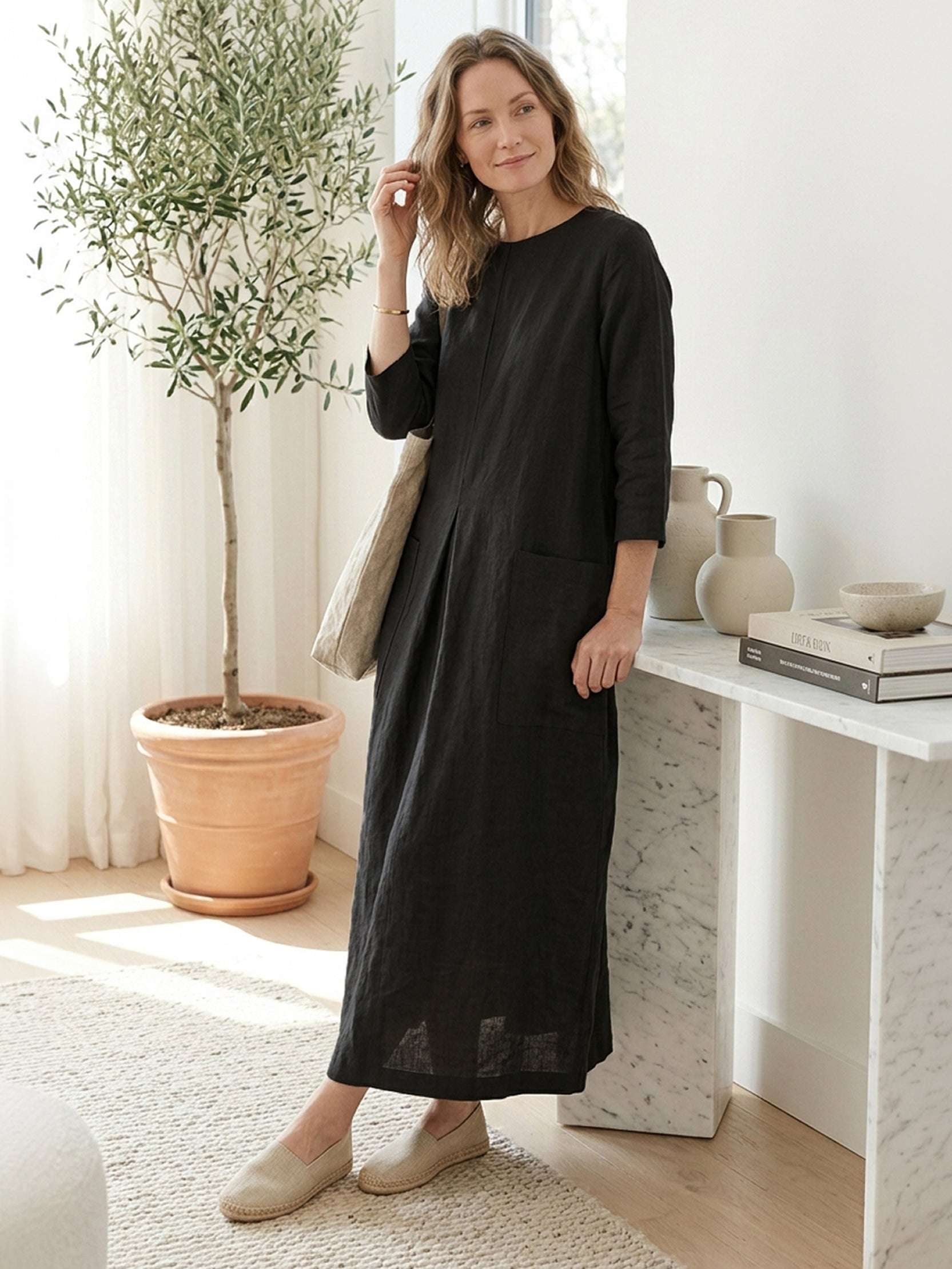 100% linen loose A-line pocket maxi dress with 3/4 sleeves and ankle-length hem