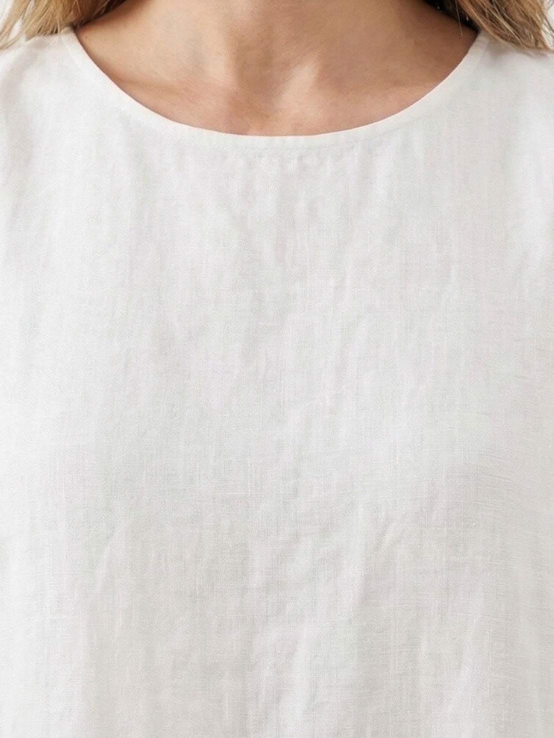 Lightweight 100% cotton linen sleeveless maxi dress with round neckline and loose ankle-length silhouette