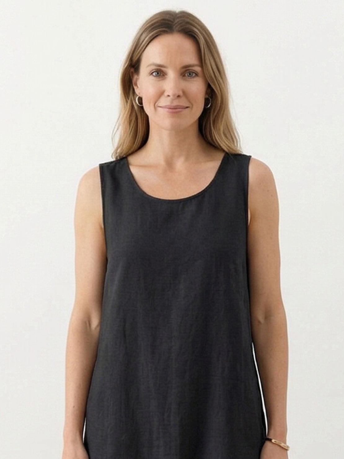 Cotton linen sleeveless maxi dress with round neckline and flowing ankle-length silhouette
